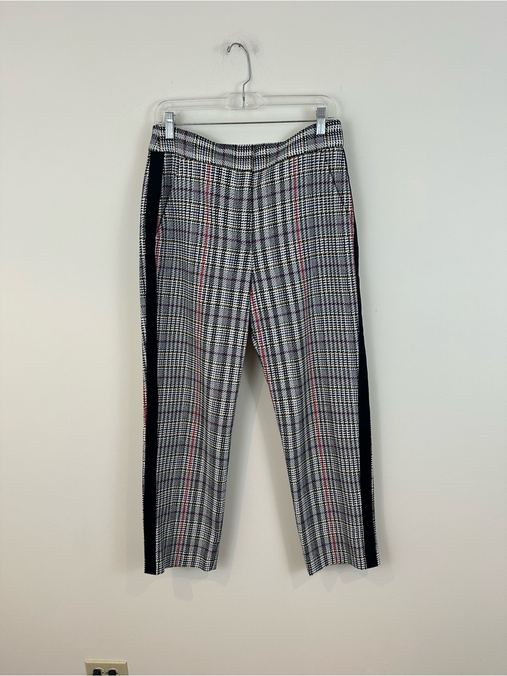 Veronica Beard White, Black, and Red Plaid Gemini Pants Side Stripe Size 8